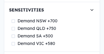 The sensitivities section of the options sidebar